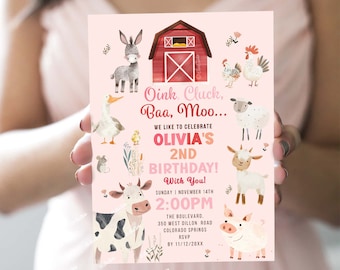 Farm Animals Birthday Invitation, Oink Cluck Baa Moo Invitation, 2nd Birthday Girl Theme, Farm Birthday Party Invite, Girl Birthday FA46