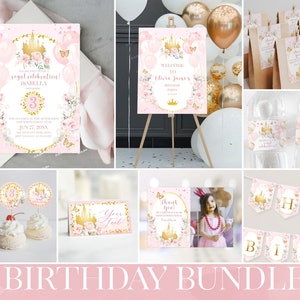 Editable Little Princess Birthday Invitation Bundle, Pink and Gold Princess Party Set, Girl 1st Birthday Bundle, Party Bundle Castle PR56