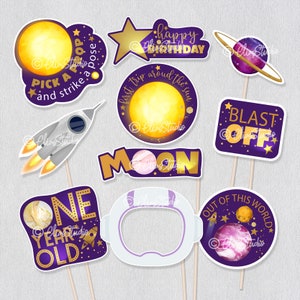 Space Photo Booth Props Printable, First Trip Around The Sun Photo Props for Pink Space Party, Space Birthday Girl Party Props SP476