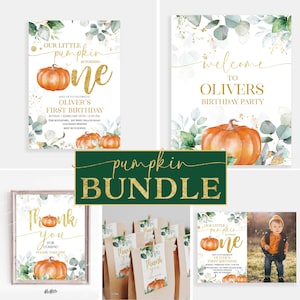 May include: A printable pumpkin themed first birthday party bundle with a welcome sign, thank you sign, invitation, and favor tags. The design features a watercolor pumpkin with green leaves and gold glitter accents.