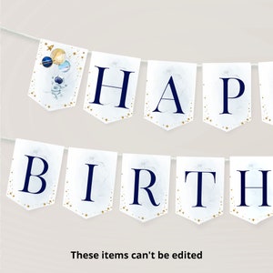 Outer Space Birthday Banner, Galaxy First Birthday Party Decorations Bunting Banner Template Printable First Trip Around the Sun SP304