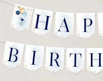 Outer Space Birthday Banner, Galaxy First Birthday Party Decorations Bunting Banner Template Printable First Trip Around the Sun SP304