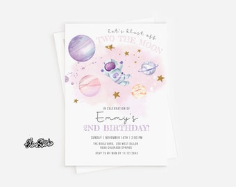 Two The Moon Birthday Invitation Girl, Second Birthday Girl, Outer Space Birthday, 2nd Birthday Party Theme, Space Invite, 2 The Moon SP499