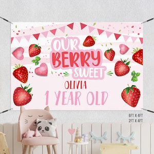 Editable Berry First Birthday Backdrop Banner | Personalized birthday banner Strawberry First Birthday | First Girl Birthday  /721