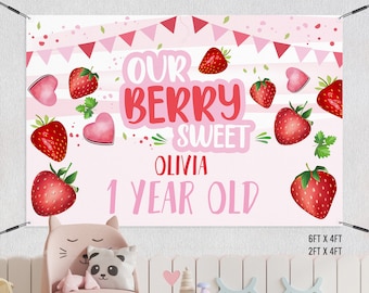 Editable Berry First Birthday Backdrop Banner | Personalized birthday banner Strawberry First Birthday | First Girl Birthday  /721