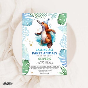 Party Tiere Schnabeltier Geburtstagseinladung Schnabeltier Baby Party einladen Dschungel Geburtstag Zoo Safari Tiere Junge Geburtstagseinladung Vorlage PA69