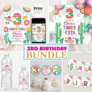 May include: A colorful 3rd birthday party bundle with a fiesta theme. Includes invitations, a welcome sign, water bottle labels, cupcake toppers, and a banner. The design features cacti, sombreros, and the text "THREE-ESTA".