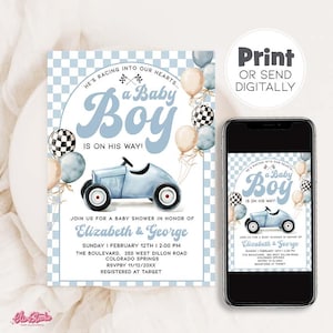 Puede incluir: Una invitación para baby shower con una ilustración de coche de carreras azul y el texto "a Baby Boy is on his way!". La invitación incluye detalles para el baby shower de Elizabeth y George, con globos y un fondo a cuadros.