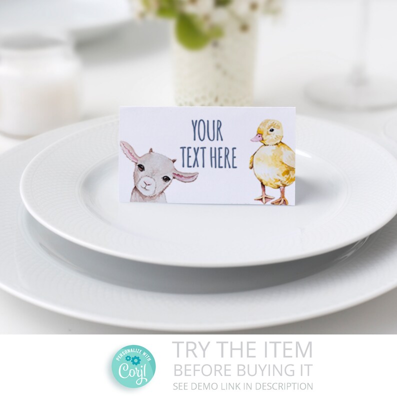 Editable Food Labels Farm Birthday Place Card farmhouse Farm Animals Barnyard Birthday Party Folded Card Party Decorations