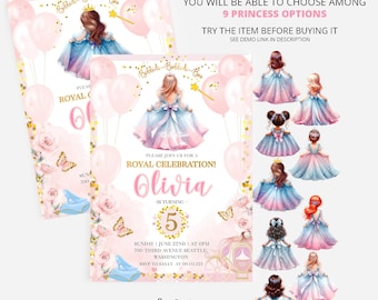 Editable Princess Birthday Invitation Girl Princess, All Ages Princess Birthday Party Invitation Template, Little Princess Birthday PR89