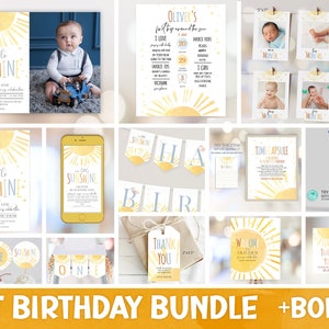 Our Little Sunshine is One Birthday Bundle First Trip Around The Sun, Sunshine Theme Birthday Boy Party Package Template Corjl S19