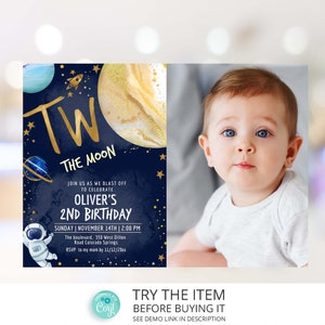Editable Two the Moon Birthday Invitation | 2nd Birthday Space Party Invitation | Galaxy Birthday Second Birthday Invite SP239