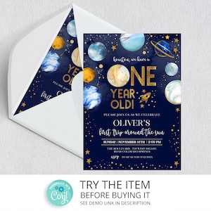 Editable Space Birthday Invitation First Trip Around The Sun | Space Birthday Party Invitation | Galaxy First Birthday Invite SP40