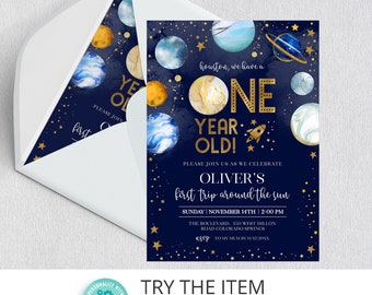 Editable Space Birthday Invitation First Trip Around The Sun | Space Birthday Party Invitation | Galaxy First Birthday Invite SP40