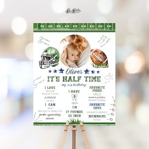 May include: A green and blue football-themed half-birthday milestone sign for a baby boy named Oliver. The sign features a photo of the baby, a football helmet, and a football. It also includes details about the baby's age, weight, and height, as well as his favourite foods and toys.