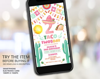 Fiesta 1st, 2nd, 3rd, 4th, 5th, 6th Birthday Girl Text Message Invitation Taco TWOsday Birthday Electronic Paperless Invite F151