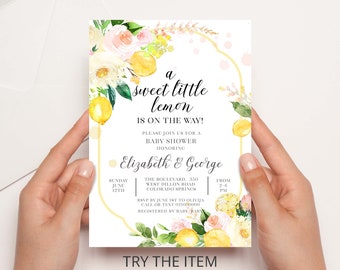 May include: A yellow and white baby shower invitation with a watercolor illustration of lemons, flowers, and greenery. The text reads "a sweet little lemon is on the way!" and includes the names "Elizabeth & George".