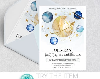 May include: A blue and gold space-themed baby shower invitation with the text "Oliver's first trip around the sun" and details for the event. The invitation features a rocket, planets, and stars.