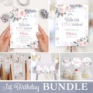 Winter Onederland Birthday Bundle Winter 1st Birthday Invitation Set Snowflake Birthday Party Supplies First Birthday Girl Decoration W322