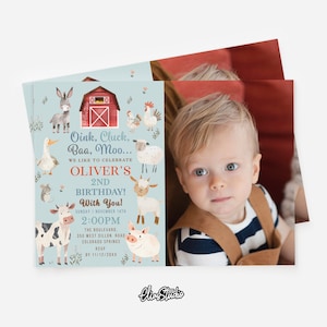 May include: A blue and white invitation with a red barn and farm animals. The text reads "Oink, Cluck, Baa, Moo... We like to celebrate Oliver's 2nd Birthday! With You! Sunday, November 14th, 2:00PM. The Boulevard, 350 West Dillon Road, Colorado Springs. RSVP by 11/12/20XX."