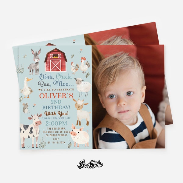 Farm Animals Birthday Invitation with Photo, Oink Cluck Baa Moo Invitation, 2nd Birthday Boy Theme, Farm Birthday Party Invite Template FA13