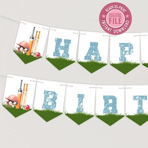 Puede incluir: Una pancarta blanca con las palabras "HAPPY BIRTHDAY" en letras azules. Cada banderín tiene un diseño de hierba verde en la parte inferior. El equipo de cricket, incluyendo un casco, bates y una pelota, están en algunos banderines. Un círculo rosa con el texto "READY-TO-PRINT DIGITAL FILE INSTANT DOWNLOAD".