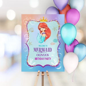 Meerjungfrau Geburtstag Willkommensschild Vorlage, kleine Meerjungfrau Prinzessin Geburtstagsparty Dekoration Corjl M1