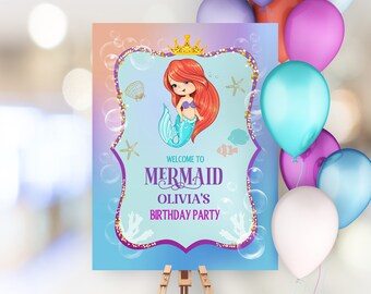 Plantilla de cartel de bienvenida para cumpleaños de sirena, decoración para fiesta de cumpleaños de la princesa Sirenita Corjl M1