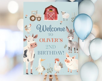 Decorazioni di compleanno con animali da fattoria, modello di cartello di benvenuto, Oink Baa Moo Im Two, tema per il secondo compleanno del bambino, cartello per la festa di compleanno in fattoria FA15