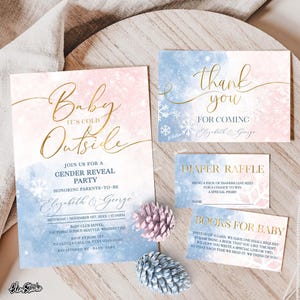 Conjunto de invitaciones de invierno para revelar el género del bebé, azul y rosa, W422