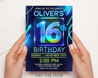16e anniversaire garçons néon anniversaire Invitation modèle garçon 16e anniversaire Invitation néon lueur fête inviter 16e anniversaire Evite NT16