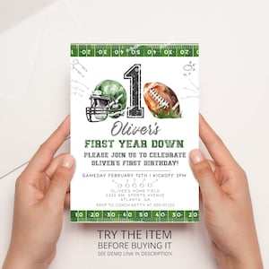 1st Birthday Football Invitation, First Year Down, Game On, Football Birthday Invite, First Birthday Invite Template Boy Birthday Invite AM1