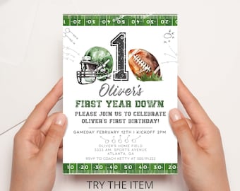 1st Birthday Football Invitation, First Year Down, Game On, Football Birthday Invite, First Birthday Invite Template Boy Birthday Invite AM1