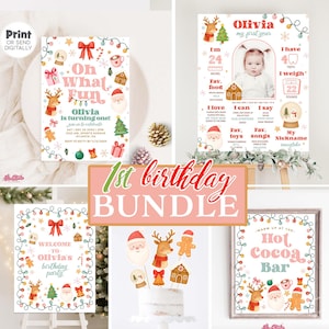 May include: A collection of printable birthday party decorations with a Christmas theme. Includes an invitation, a milestone poster, a welcome sign, cake toppers, and a hot cocoa bar sign. The designs feature Santa Claus, reindeer, gingerbread men, and festive elements.