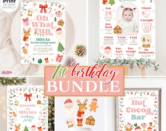 May include: A bundle of printable birthday party decorations with a Christmas theme. Includes an invitation, a milestone poster, a welcome sign, cake toppers, and a hot cocoa bar sign. Designs feature Santa, reindeer, gingerbread people, and festive elements.