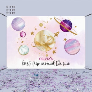 Editable Outer Space Backdrop Banner | Personalized birthday banner First Trip Around the Sun | Pink Gold Galaxy Girl Birthday SP156
