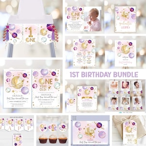Outer Space 1st birthday Girl Invitation Bundle First Trip Around The Sun | Space Party Supplies | Galaxy Party Package Template SP116