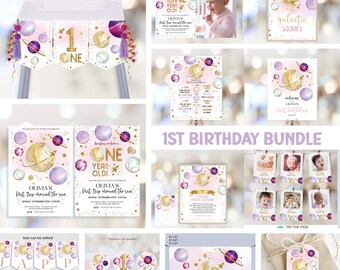 Outer Space 1st birthday Girl Invitation Bundle First Trip Around The Sun | Space Party Supplies | Galaxy Party Package Template SP116