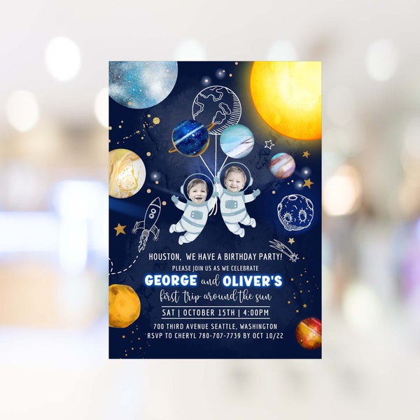 Twins Boys Birthday Invitation Personalized with photo DIGITAL FILE First Trip Around the Sun Sibling Boys Birthday Double Birthday SP380