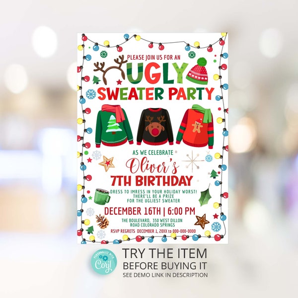 Bearbeitbare Ugly Sweater Geburtstagseinladung, Ugly Sweater Invite, Ugly Sweater Urlaub Geburtstagseinladung Weihnachtsfeier einladen W2