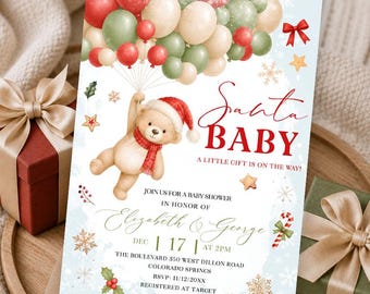 Santa Baby Shower Invitation: Balloon and Teddy Bear Baby Shower. Winter Baby Shower invite . Christmas Baby shower bw7