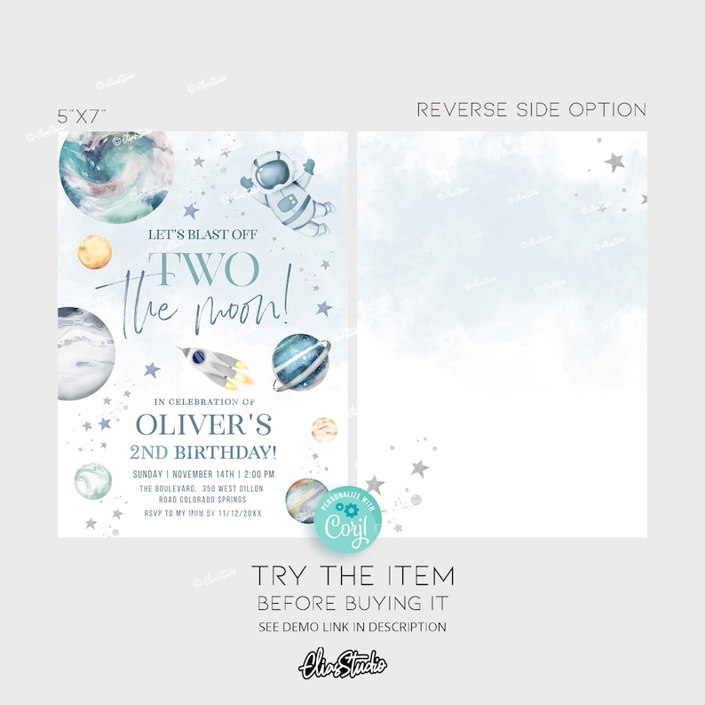 May include: A blue and white invitation with a space theme. It says "Let's Blast Off Two the Moon!" and "In celebration of Oliver's 2nd Birthday!" with planets, stars, and a rocket ship.