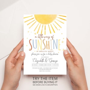 Modello modificabile per invito baby shower Sunshine, invito per baby shower Little Ray of Sunshine per ragazzi Little Sunshine Digital Corjl S1