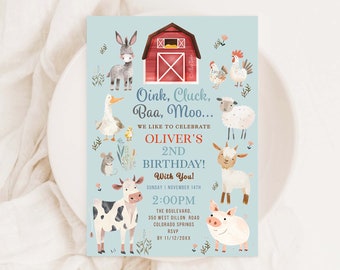 Farm Animals Birthday Invitation, Oink Cluck Baa Moo Invitation, 2nd Birthday Boy Theme, Farm Birthday Party Invite, Boy Birthday Party FA44