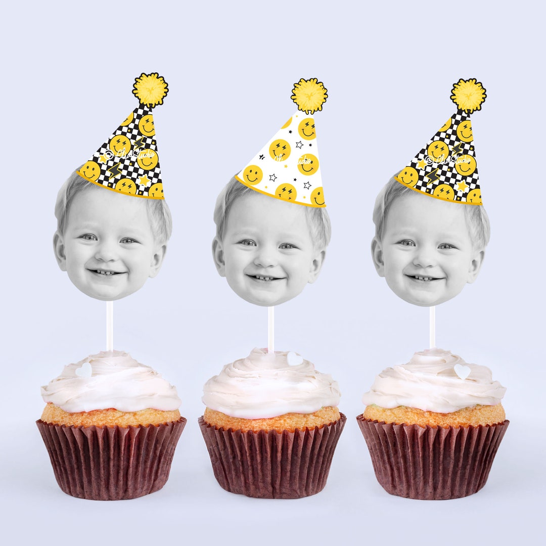 One Happy Dude Cupcake Toppers - 24 Pack Yellow Smiling Face & Black Lightning Picks, 1st Birthday Party Decor