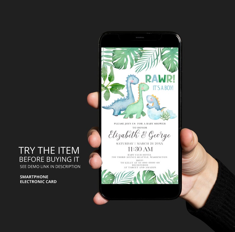 May include: A blue and green dinosaur baby shower invitation with the text "RAWR! It's a boy!" and the names "Elizabeth & George". The invitation includes the date, time, and location of the shower.