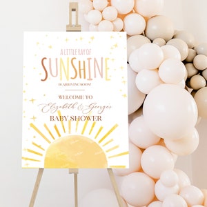Sunshine Baby Shower Willkommensschild Bearbeitbar, ein kleiner Sonnenstrahl Baby Shower Sign Template Printable Baby Shower Girl Dekorationen S122