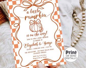 A Little Pumpkin On The Way Baby Shower Invitation:  Fall Baby Shower,  Retro Checkered Invitation, Gender Neutral   P273