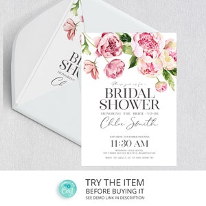 Editable Floral Bridal Shower Invitation Peony | Peony Watercolor Bridal brunch invite, Blush Bridal Shower Template Instant Download /628