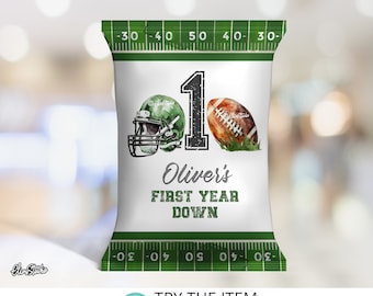 1st Birthday Boy Football Birthday Chip Bag Template: First Year Down American Football Birthday Party Favors AM46